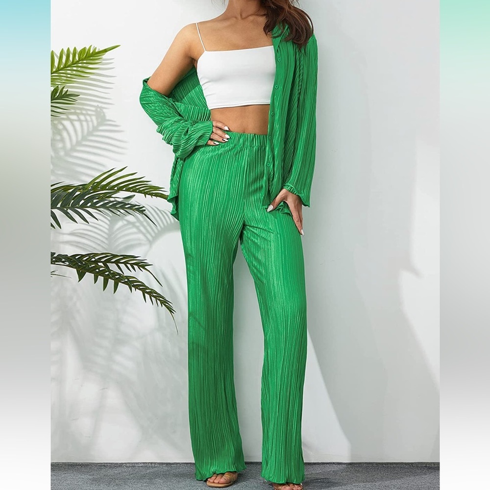 2 Piece Plisse Set Outfit Long Sleeve Button Down Shirts High Waist Long Pants